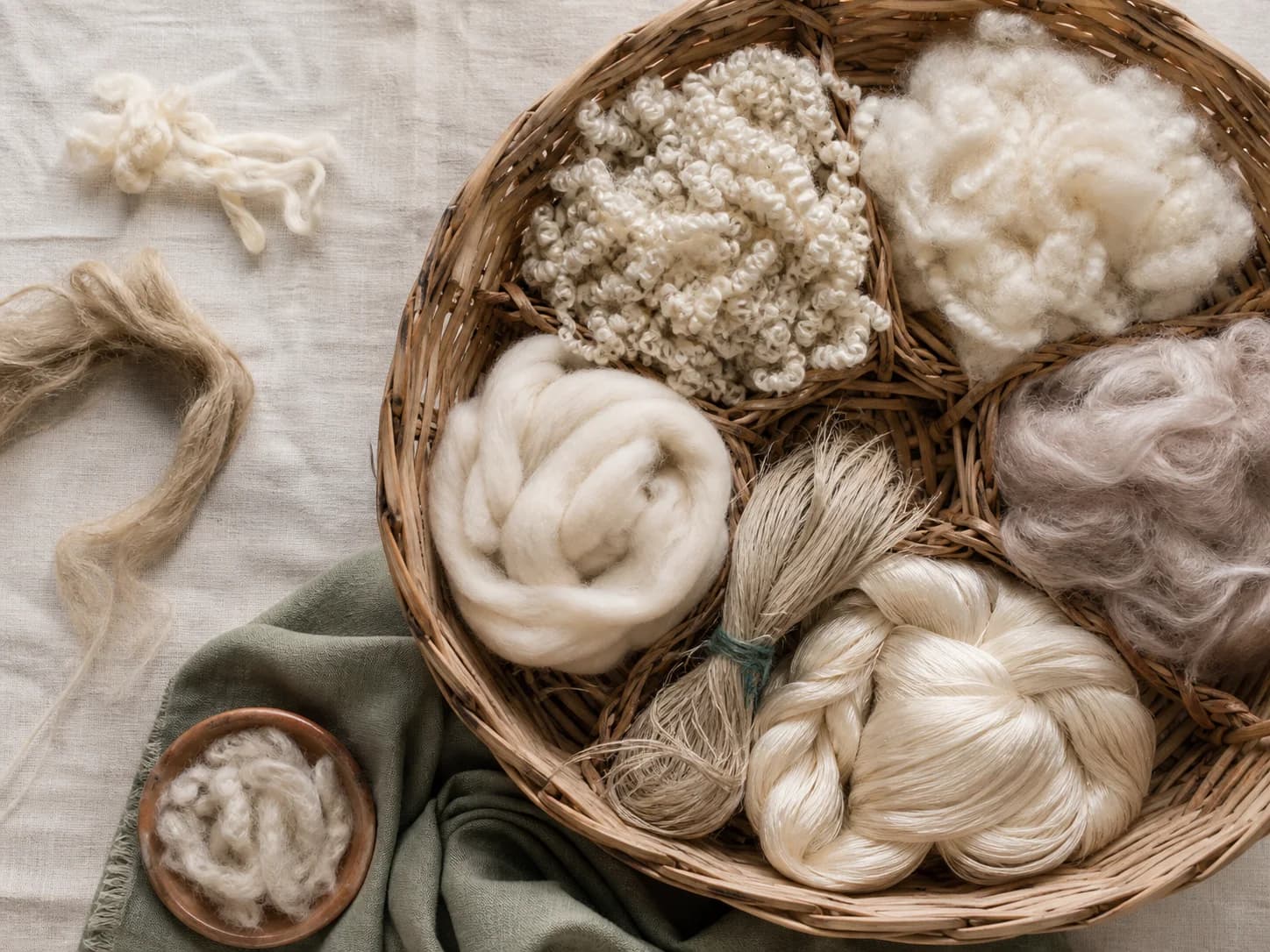 Basket containing wool, plant and spun fibre specimens