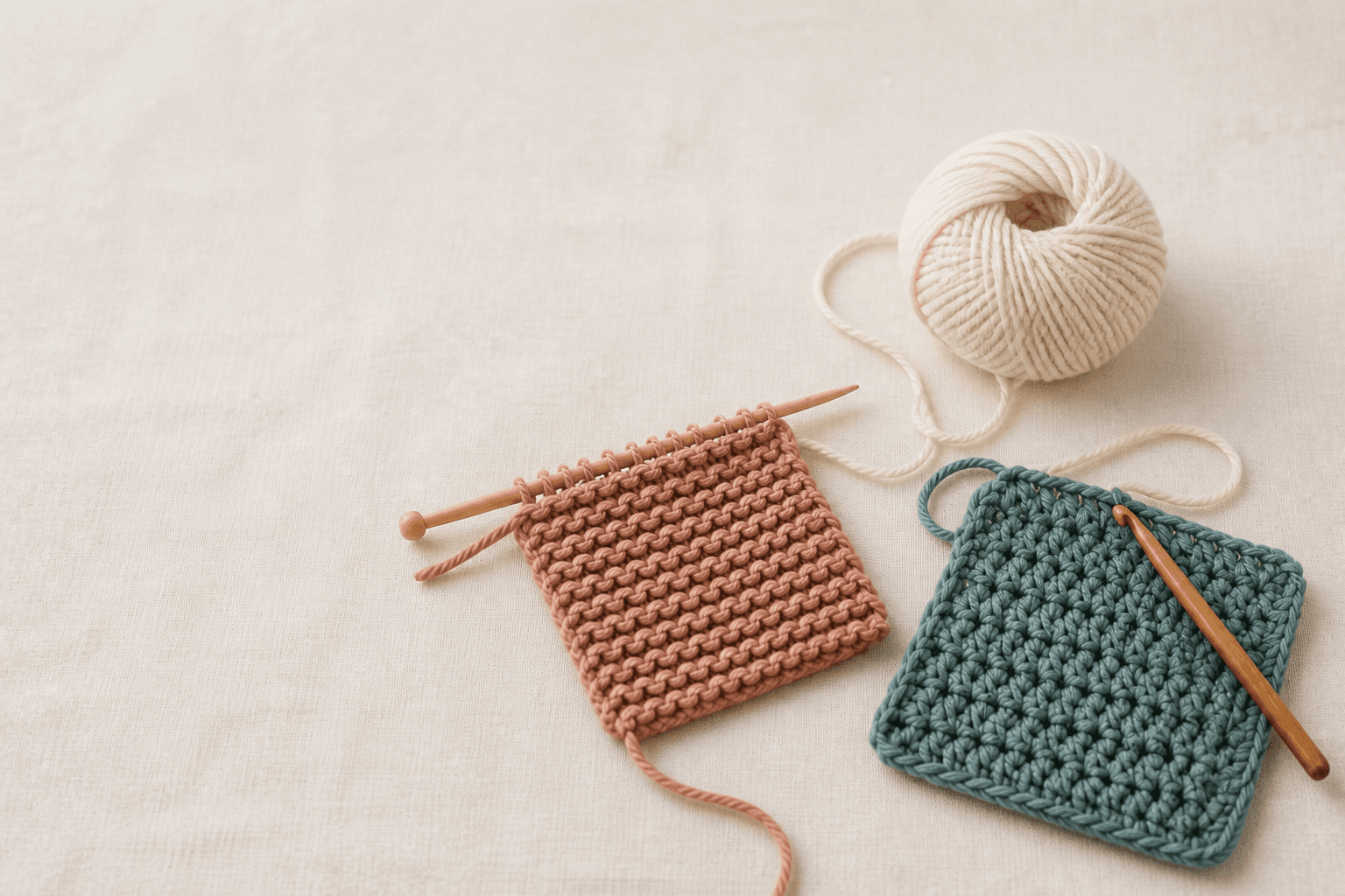 A first knitted swatch and crochet sample arranged with yarn and tools