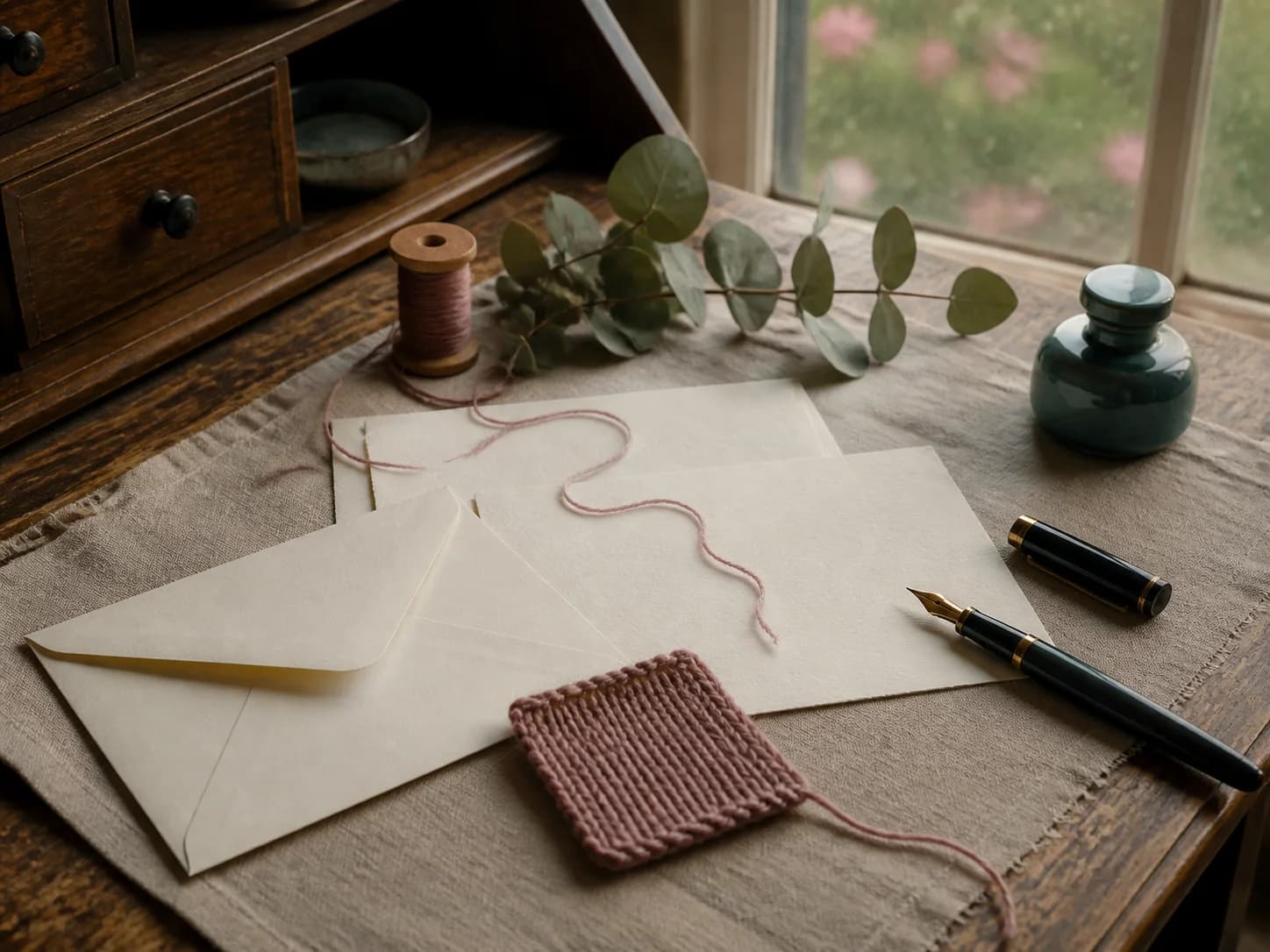 Handwritten correspondence, swatch and yarn on a quiet desk