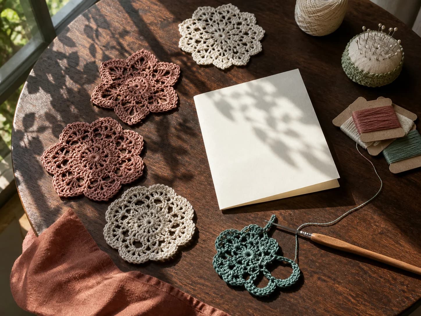 Crochet motifs and pattern notes on a sunlit table