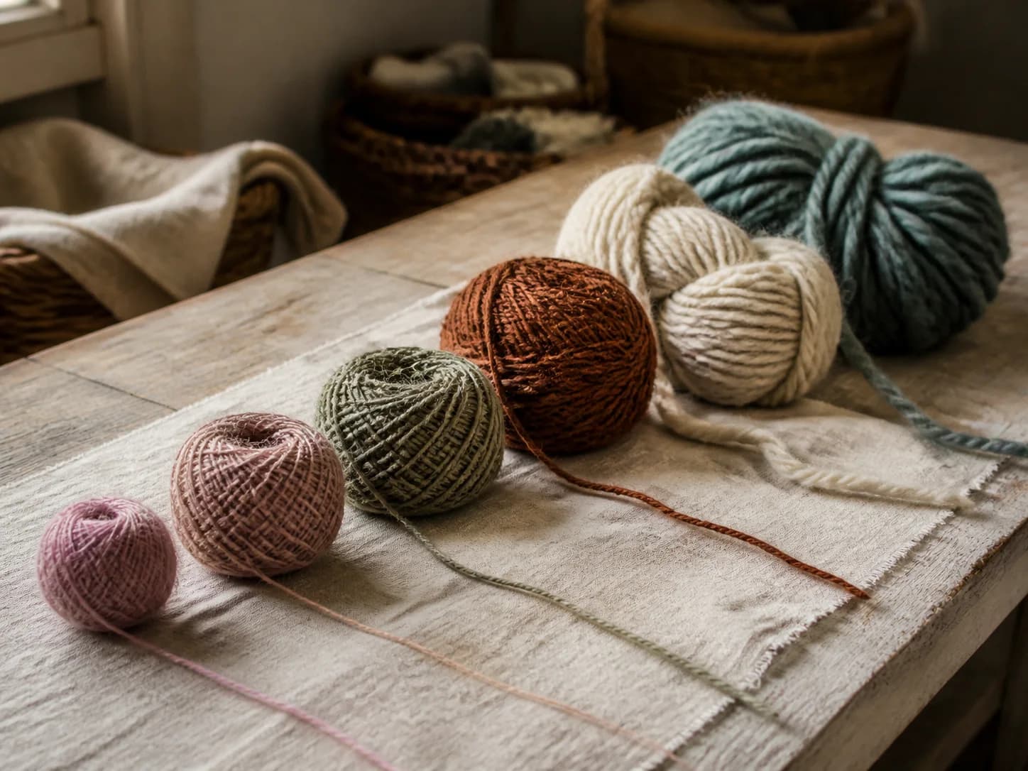 A graduated row of yarn weights from fine to bulky