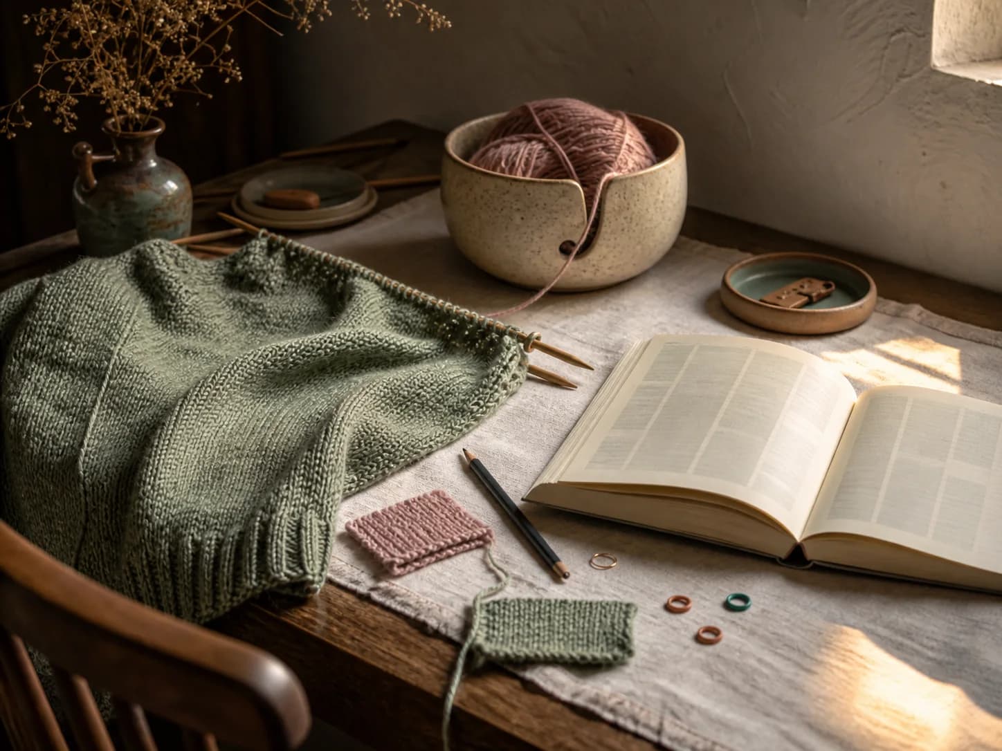 Knitting pattern, swatches and measuring tools on a desk