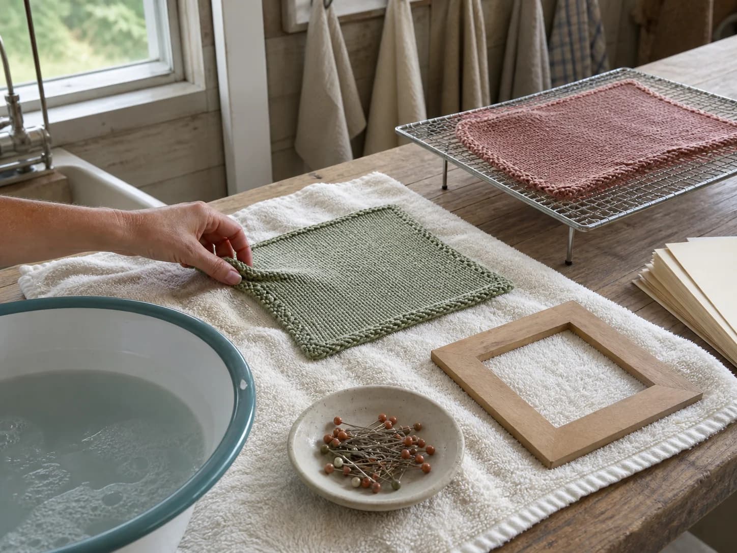 Washed swatches being checked on a maker's workbench