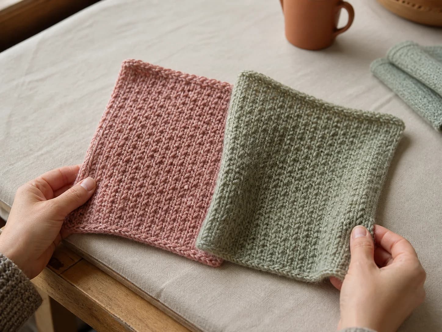 Two knitted swatches compared side by side for yarn substitution