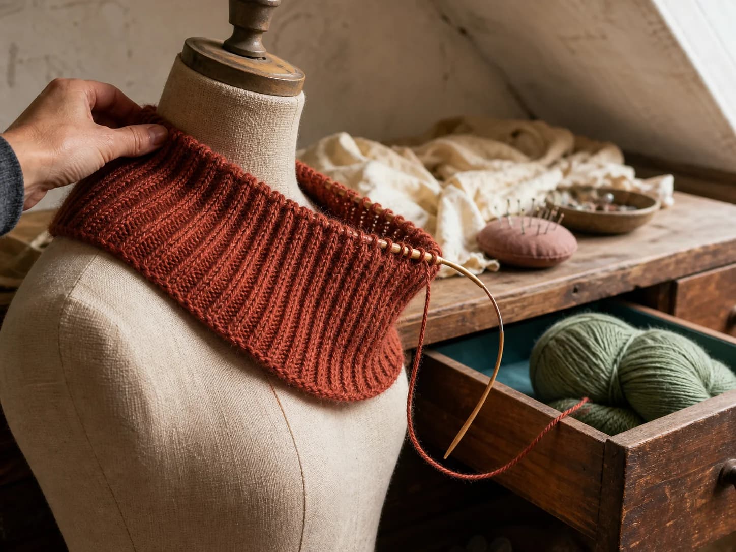Terracotta knitted neckwarmer under construction on a dress form
