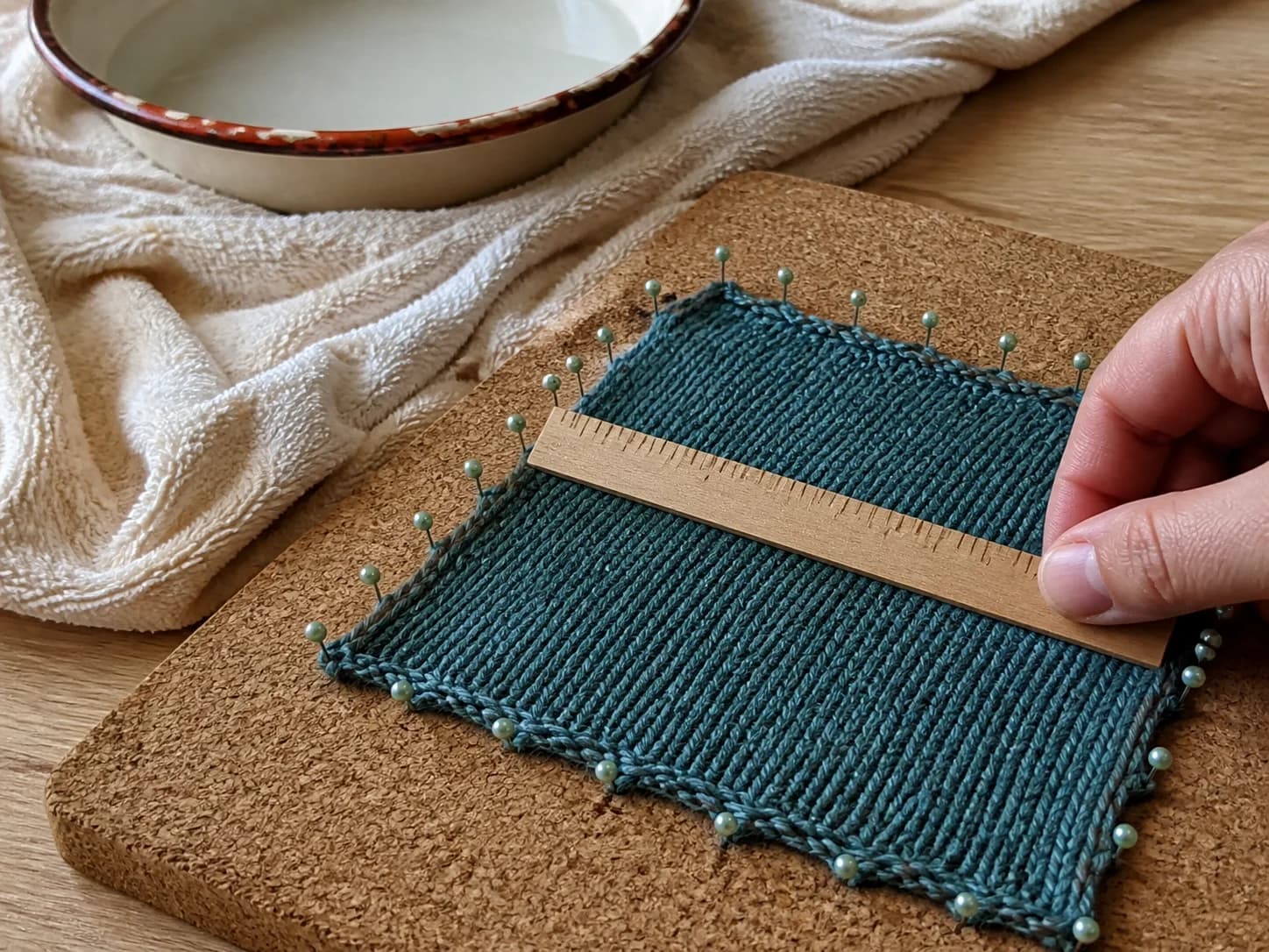Washed blue gauge swatch measured with a wooden ruler