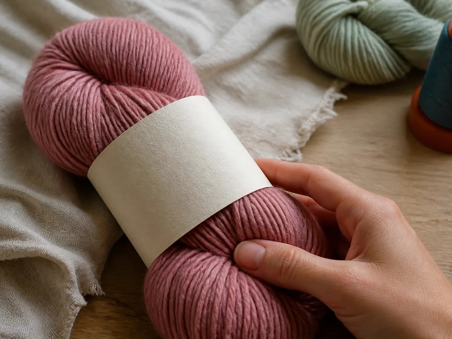 Close view of a blank yarn label and wool skein