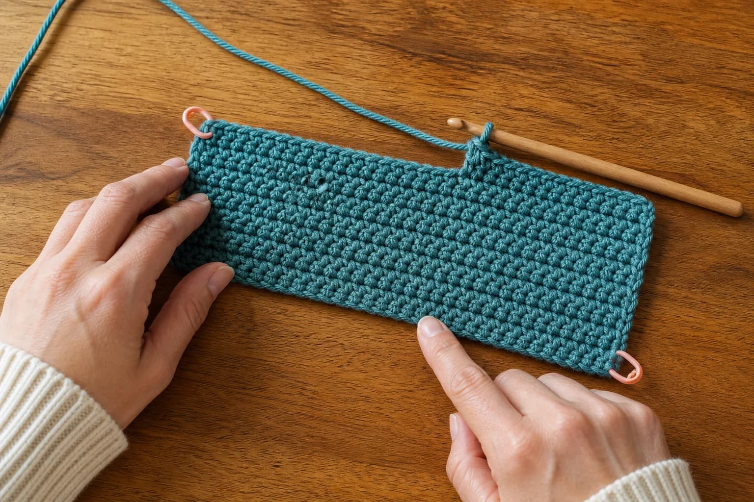 A first crochet rectangle checked at both marked row edges