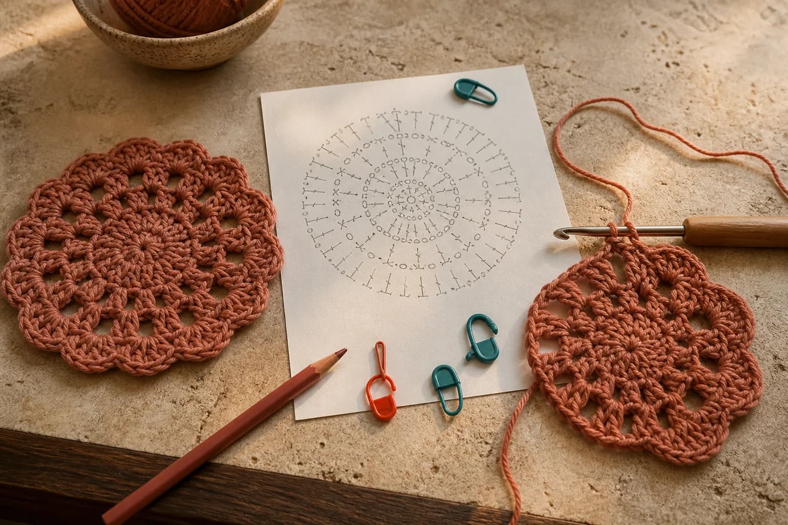 A crochet chart laid between a completed motif and a motif still on the hook