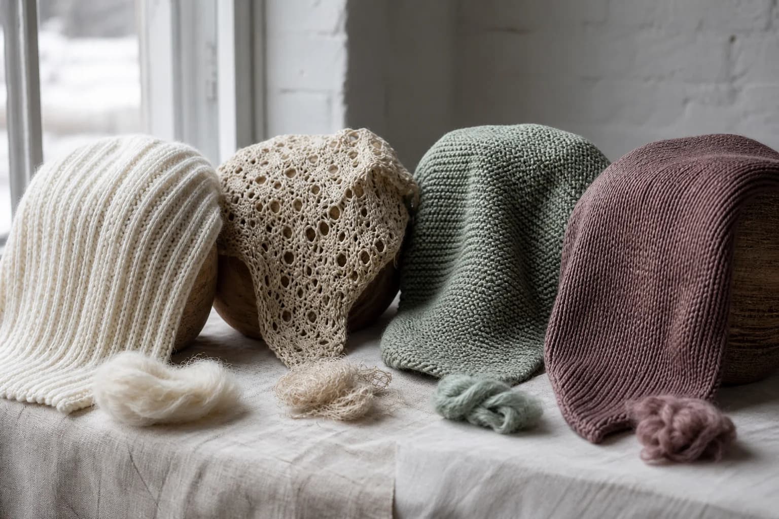 Four fiber fabrics draped to show differences in loft, structure, and sheen