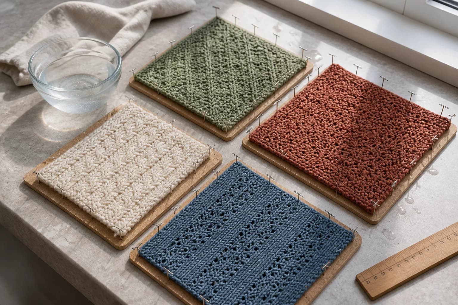 Four washed yarn samples drying flat on blocking boards