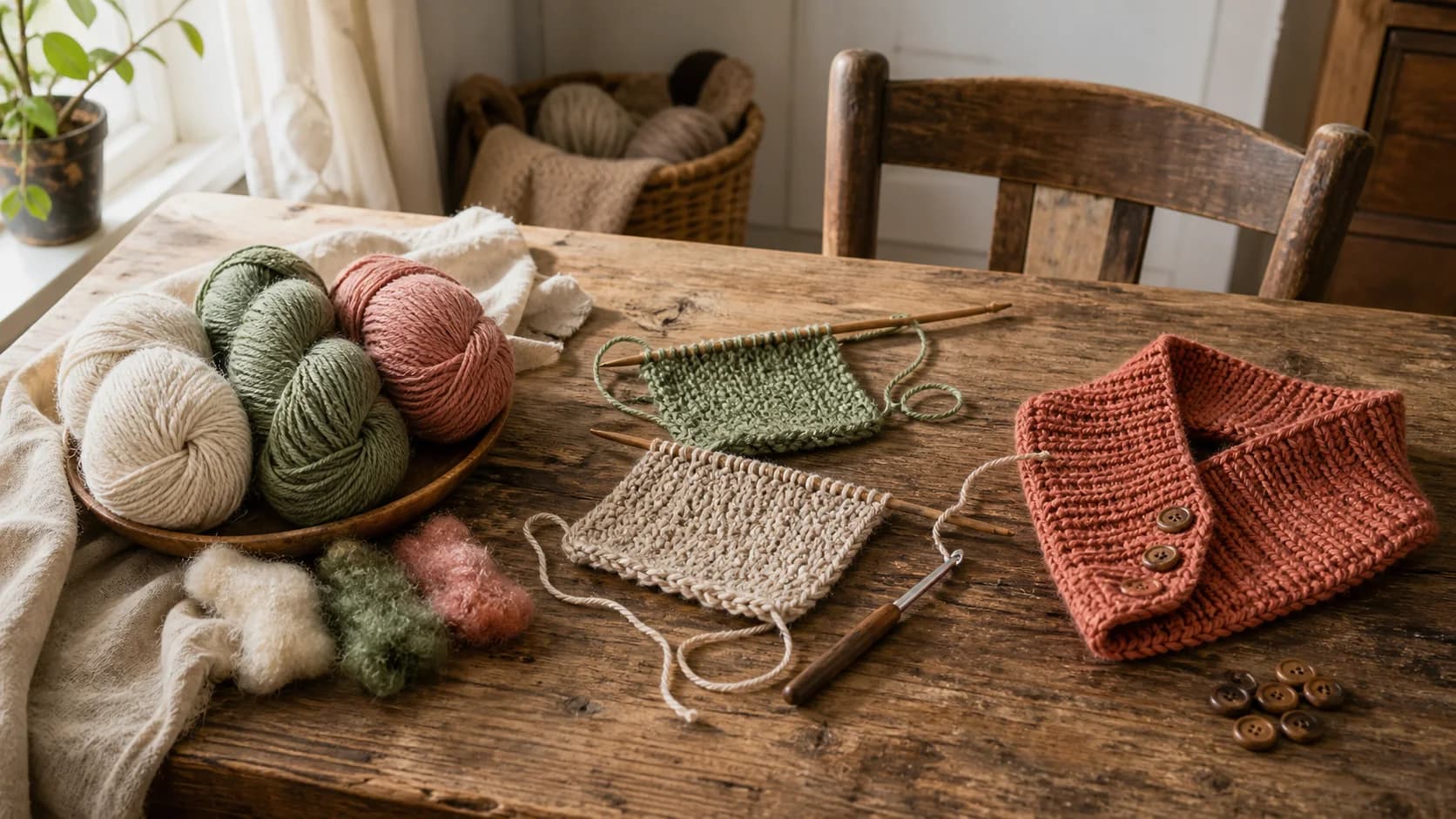 A maker's table moving from yarn choice through first swatches to a finished neckwarmer