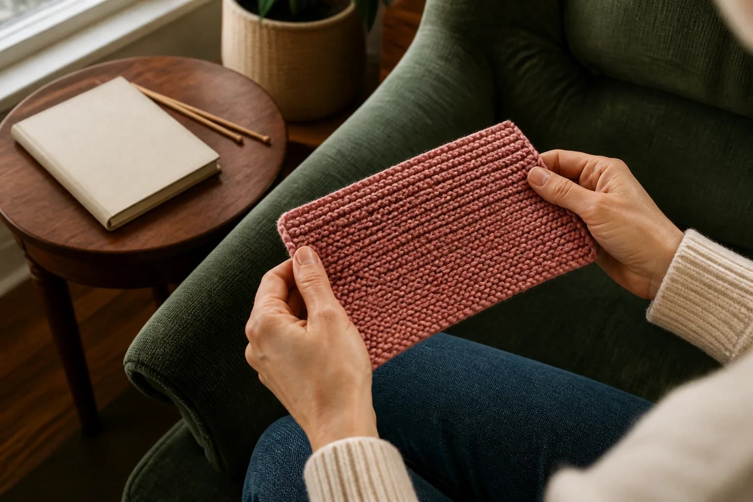 A maker reviewing the edges and ridges of a completed garter-stitch practice sample
