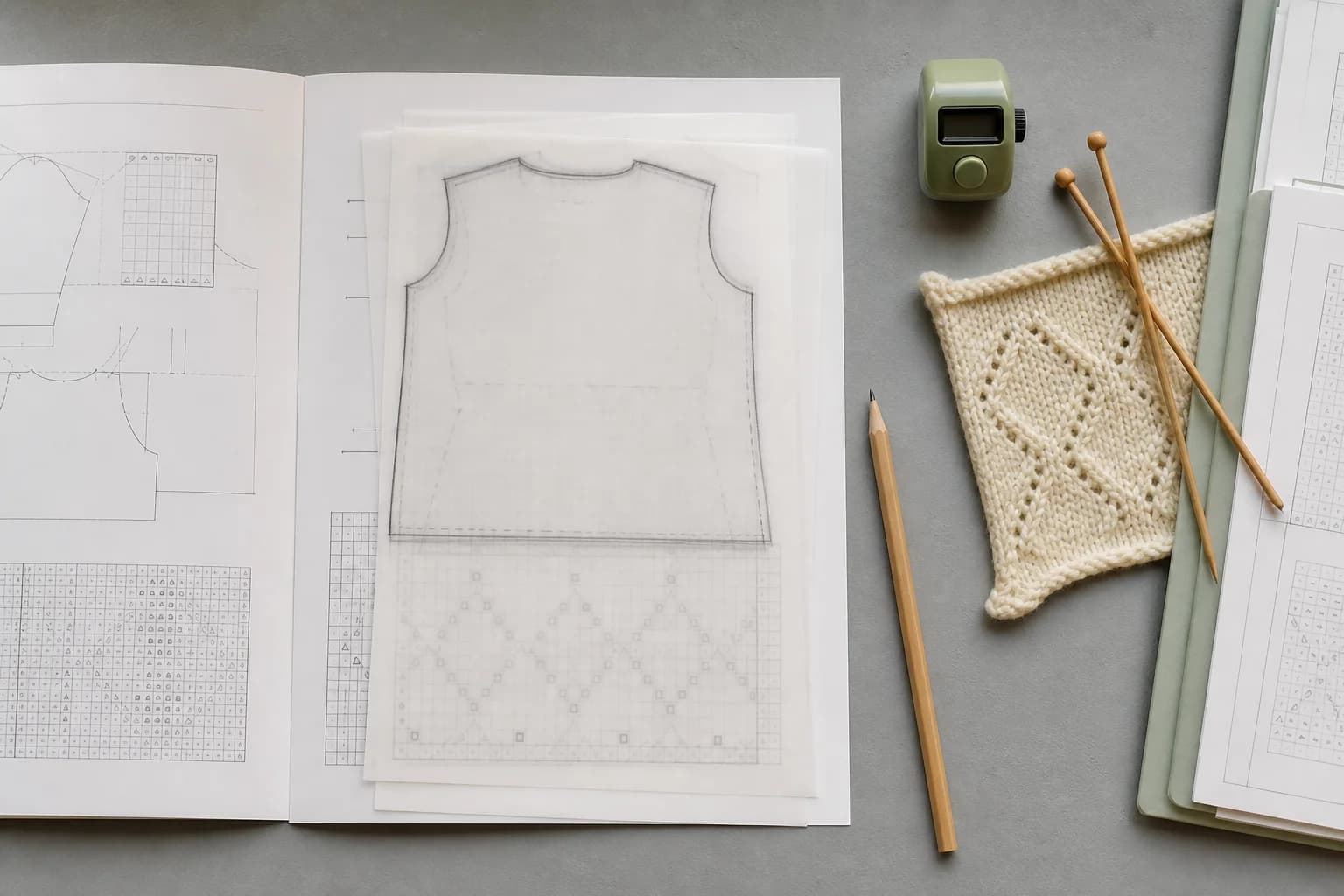 Tracing paper isolates one knitting pattern size beside needles and a swatch