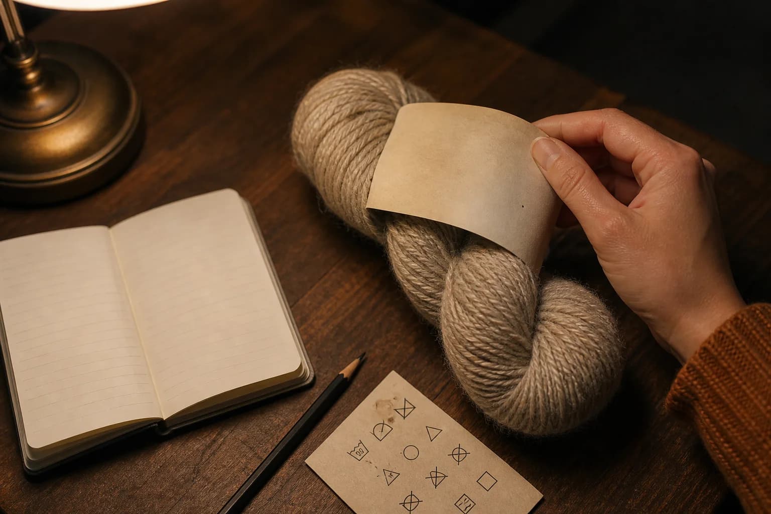 A maker turning a plain yarn band beside a notebook under warm task light