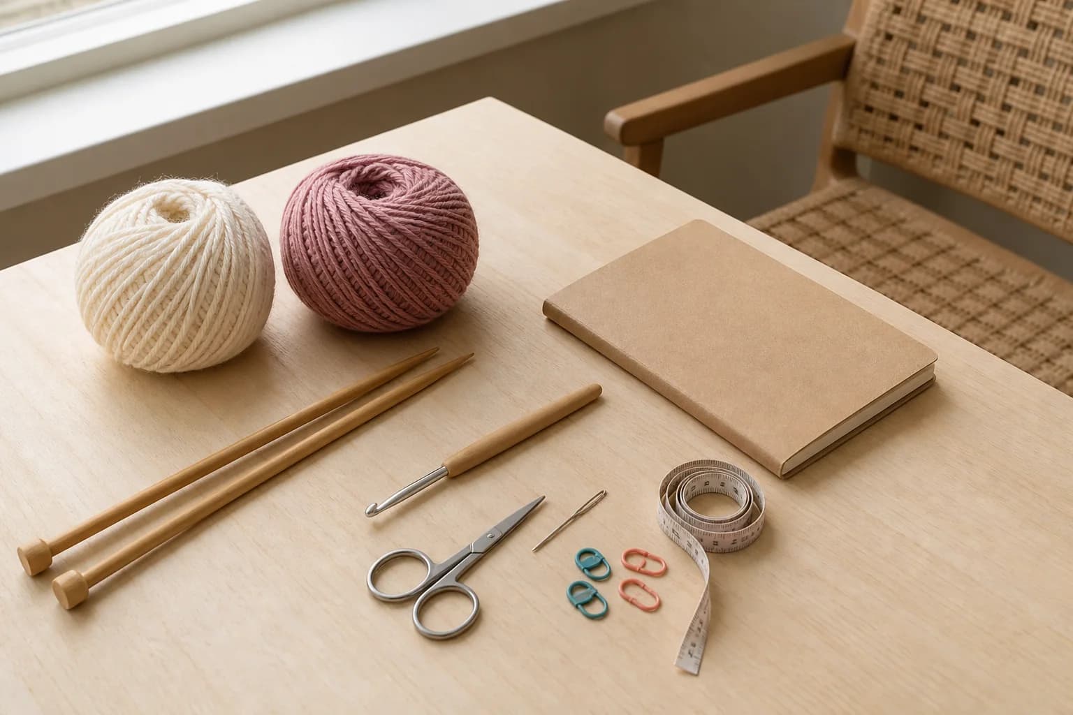 A compact beginner kit with yarn, needles, crochet hook, scissors, markers, tape, and notebook