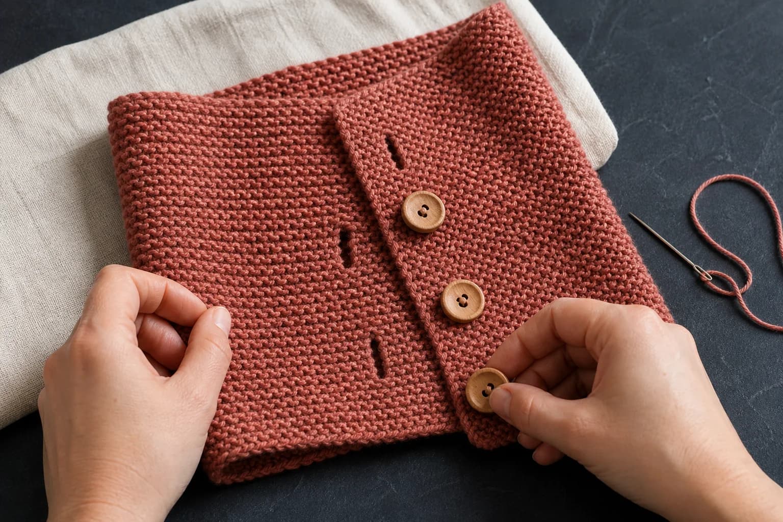 A finished terracotta neckwarmer with three buttonholes and wooden buttons being aligned