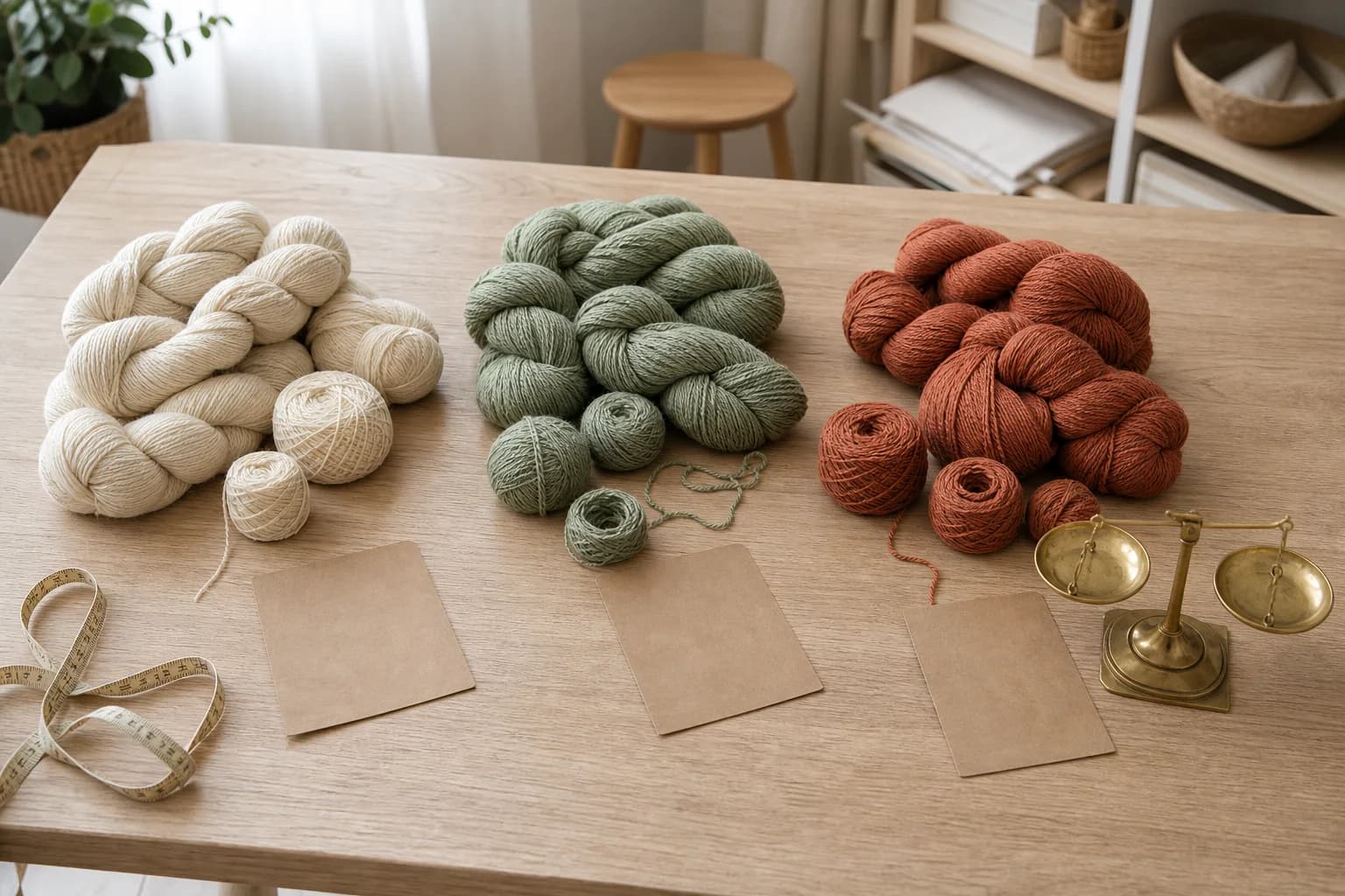 Cream, sage, and terracotta yarn grouped into separate project color allocations