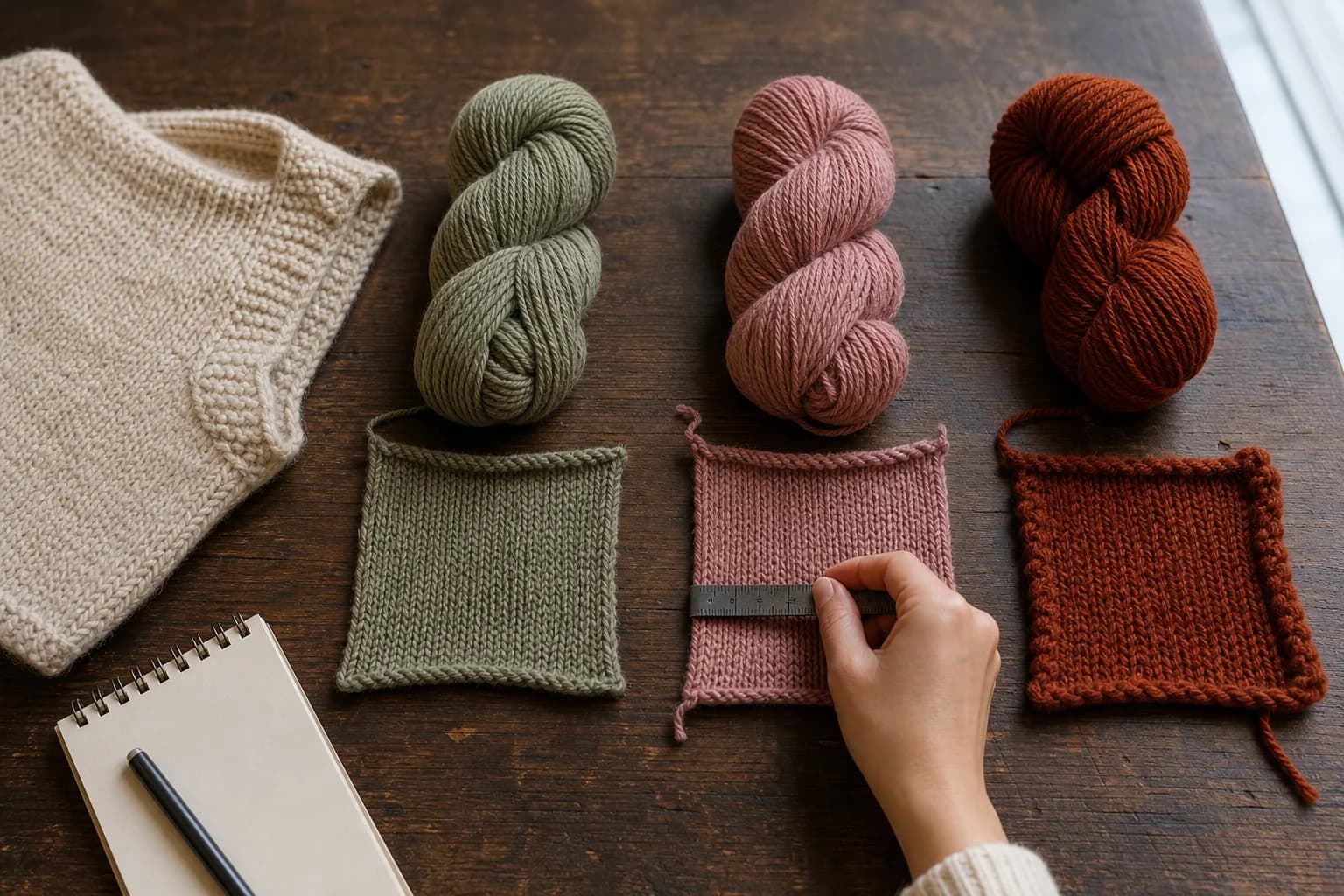 Three yarn candidates and their swatches screened against a project sample