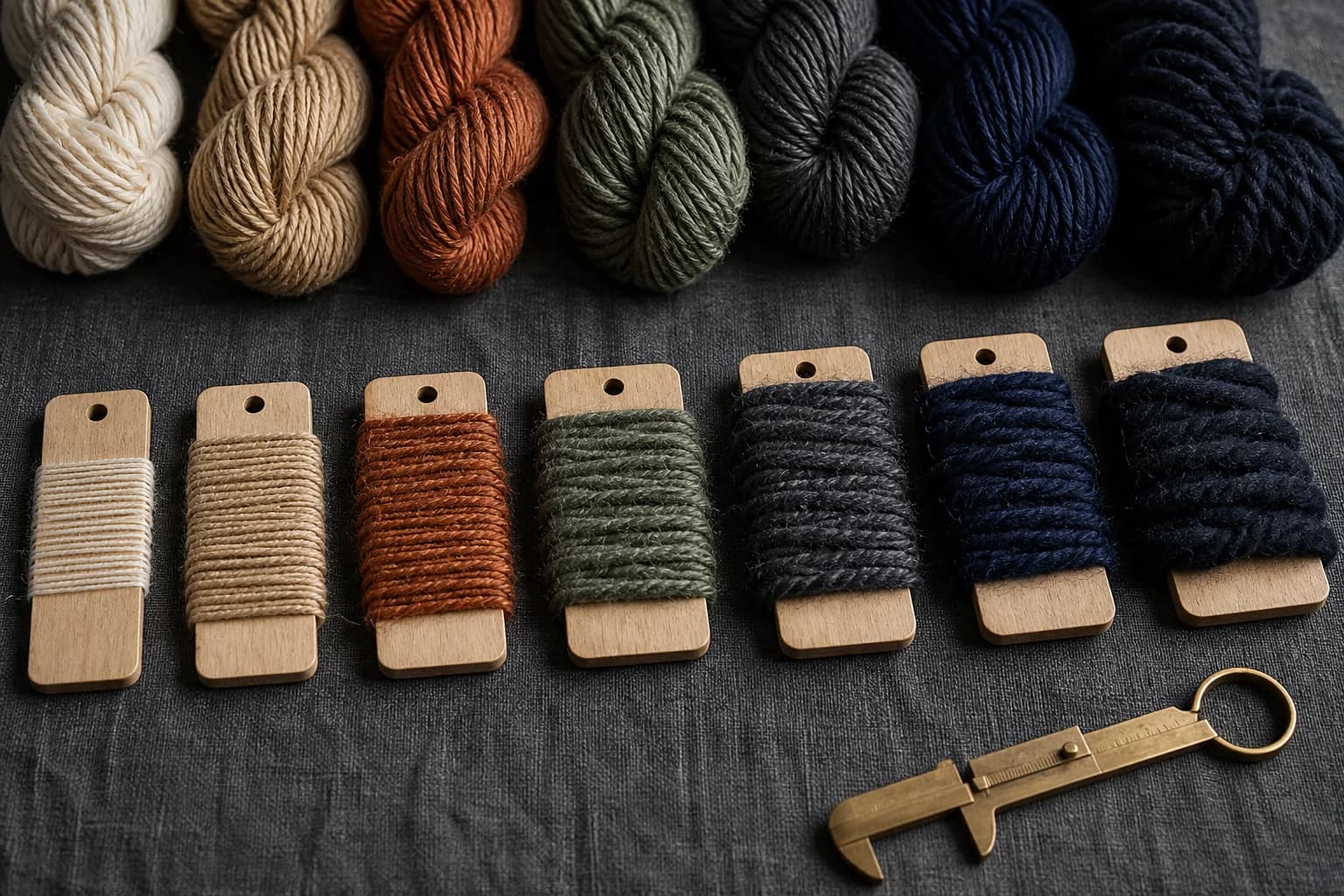Seven yarn thicknesses wrapped on plain wooden cards against charcoal linen