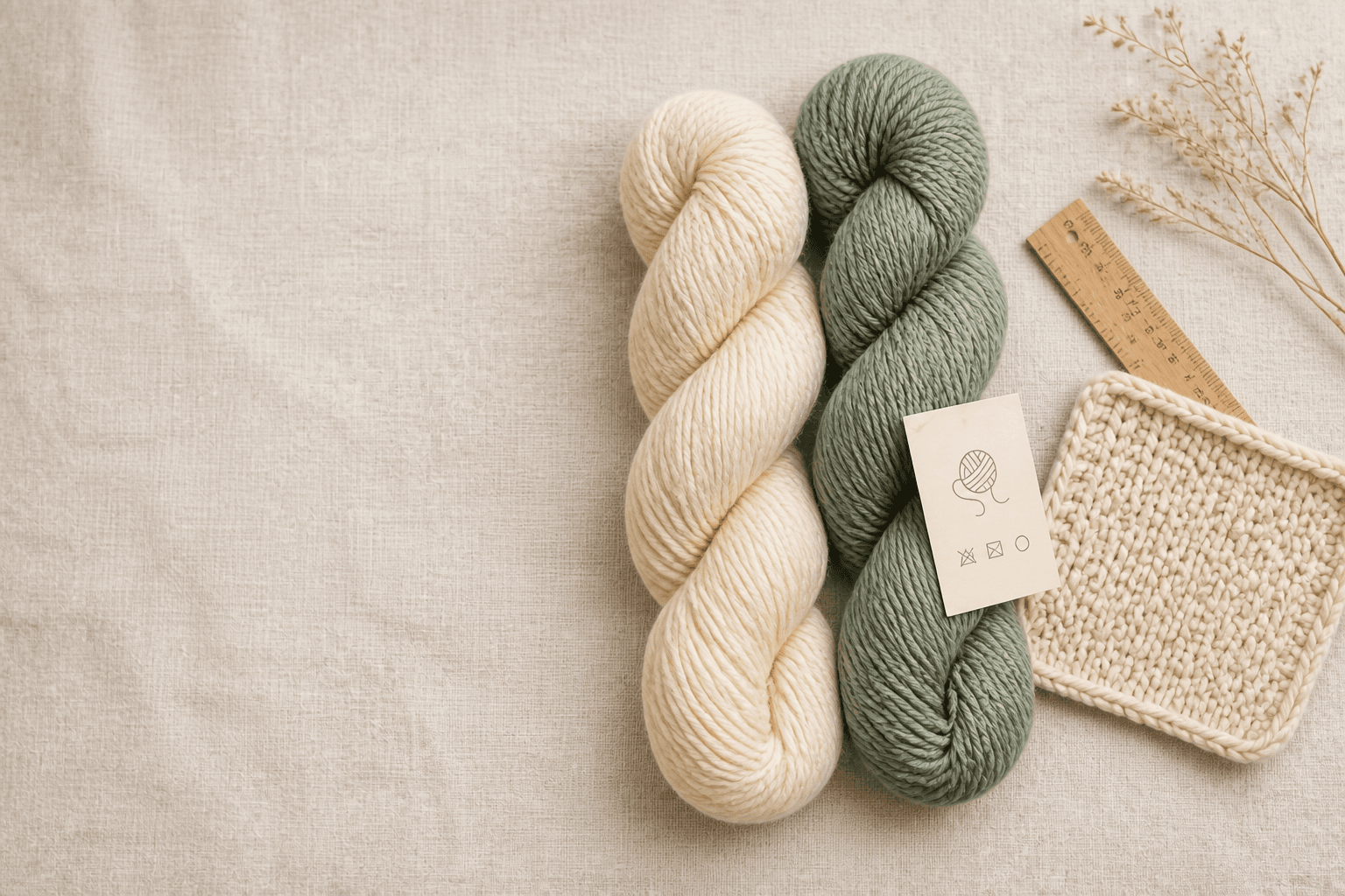 Cream and sage yarn skeins beside a ruler, label, and knitted swatch